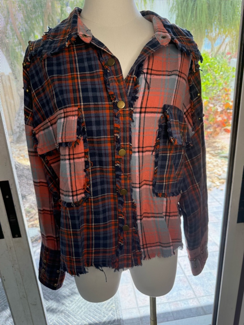 Bluevelvet Two-Tone Distressed Plaid Button Front Shirt Jacket - Navy & Coral